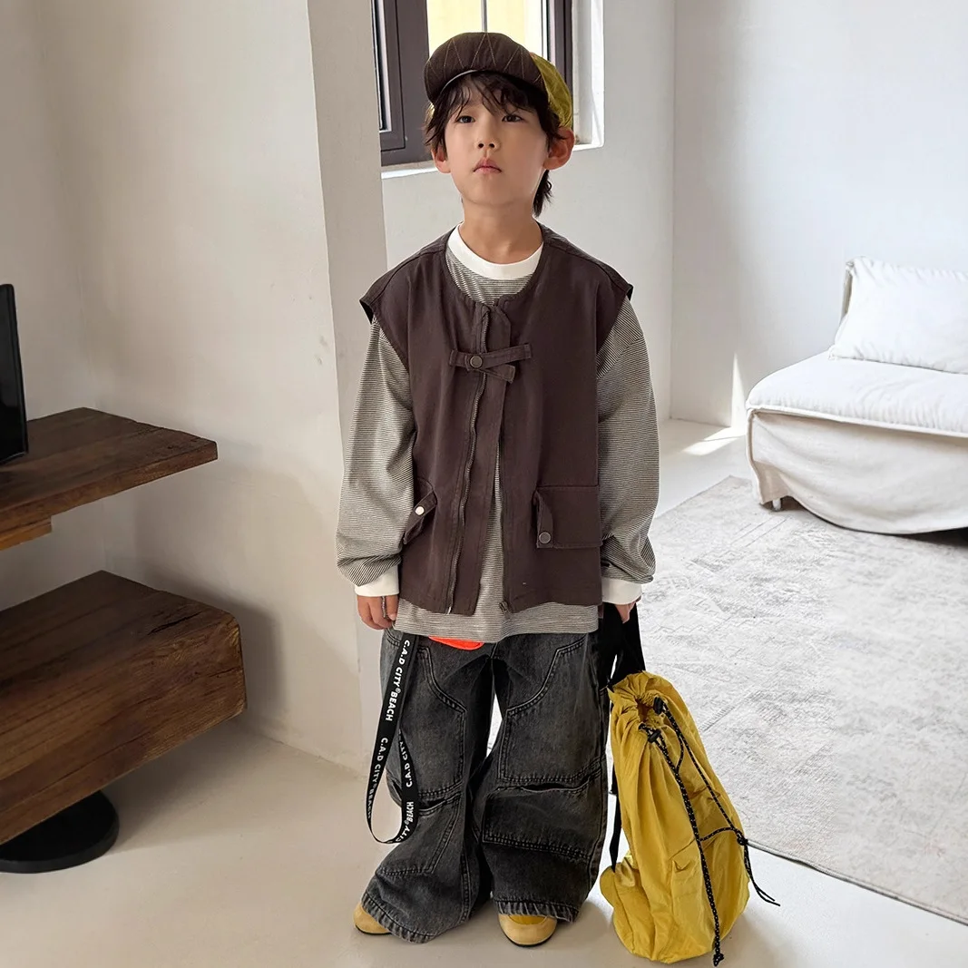 

Boys Girls 2025 Spring Autumn New Vest Korean Fashion Casual Daily All-match Solid Color Sleeveless Outerwear