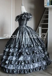 Silver Grey Victorian Prom Dress Inspired on Silhouette of 1860 History Ruffles Tiered Skirt Shoulder Bustle Evening Gowns