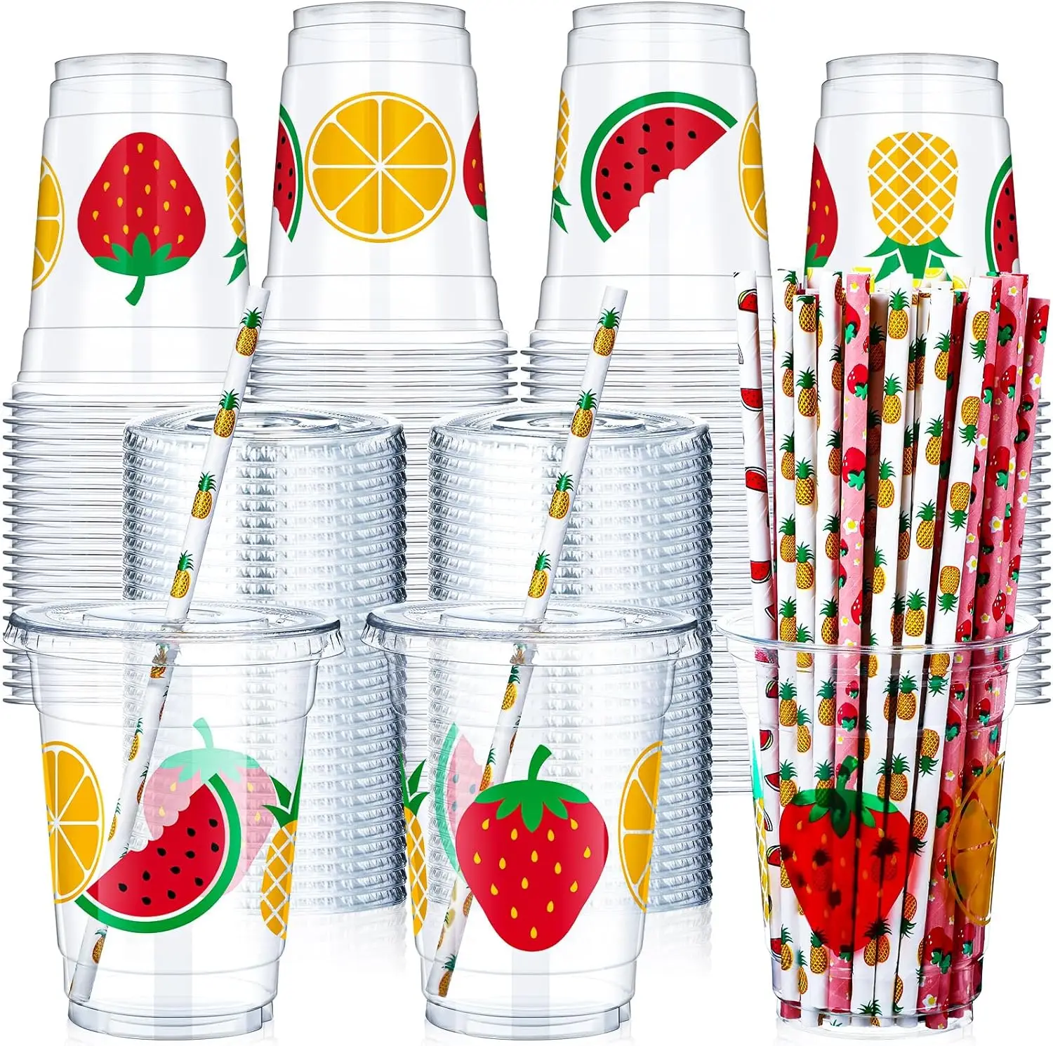 

300 Pcs Fruit Disposable Plastic Cups with Lids and Straws 12oz Summer Party Favors Cups Fruit Disposable Clear Cups Sum