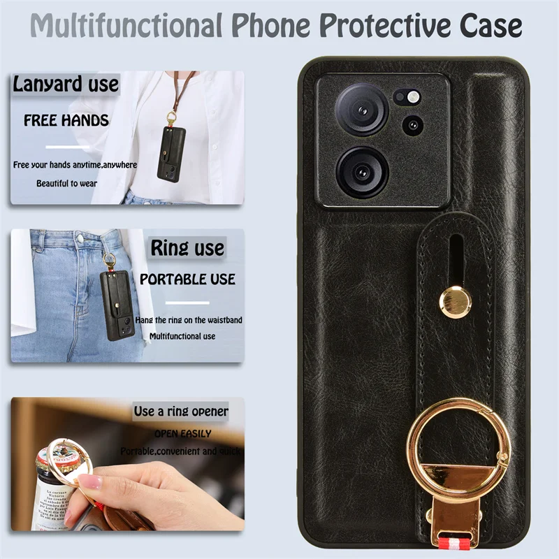 Per Xiaomi 13T Pro Cover Luxury Leather Cover Wristband Hand Strap Kickstand anello in metallo per Xiaomi 13T Phone Case