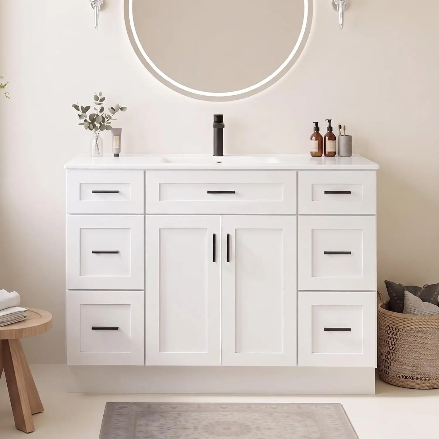 48" Bathroom Vanity with Sink, Freestanding Bathroom Sink Cabinet, White, Ceramic Countertop, 6 Drawers, 2 Hinged Doors