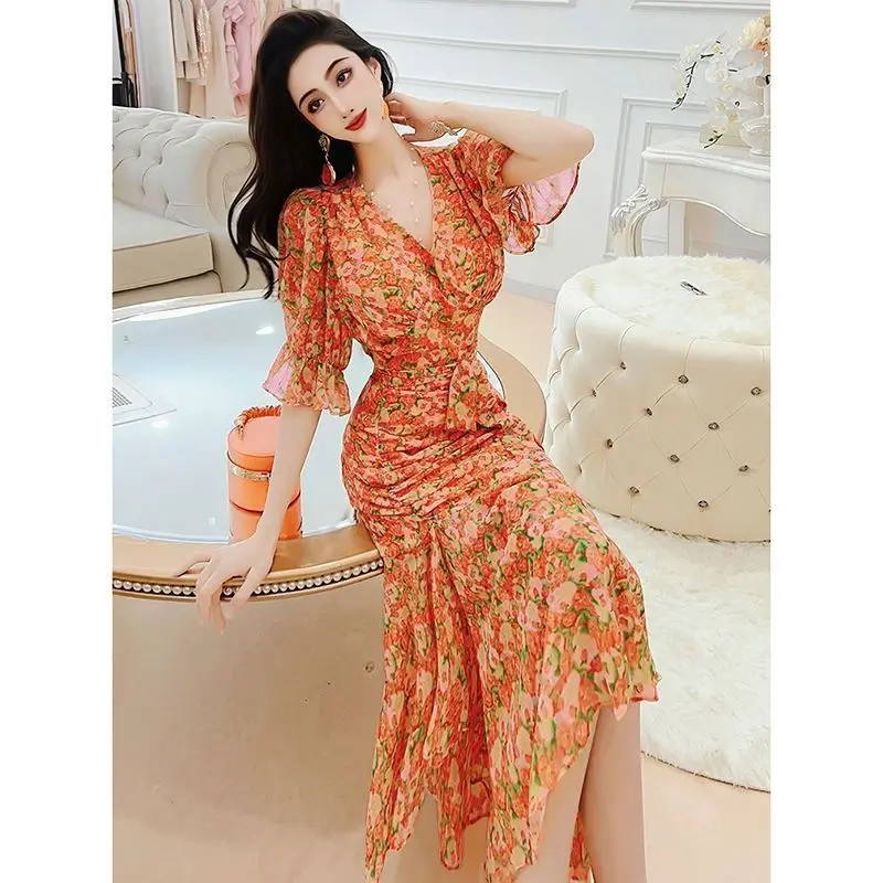 2024 New Sexy Intellectual Ladies V-neck Pullovers Dresses Summer Temperament Slim A-line Skirt Short Sleeve Women's Clothing