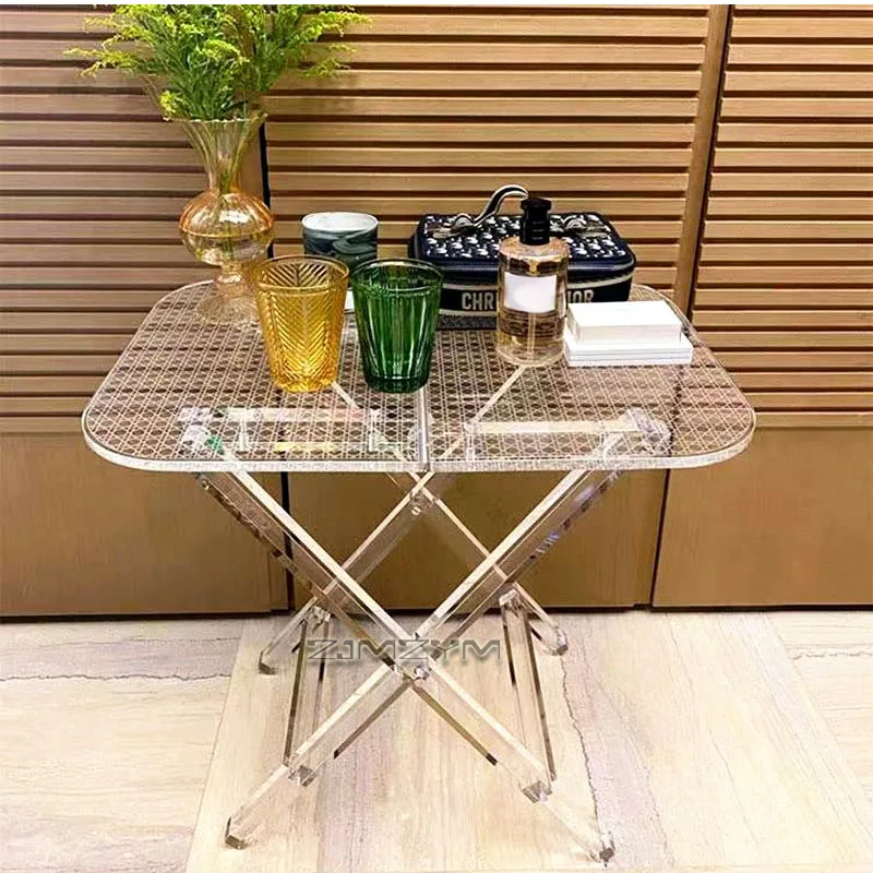 Ins Clear Textured Foldable Side End Table Transparent X Leg Accent Table Minimalist Small Table for Living Room Apartment