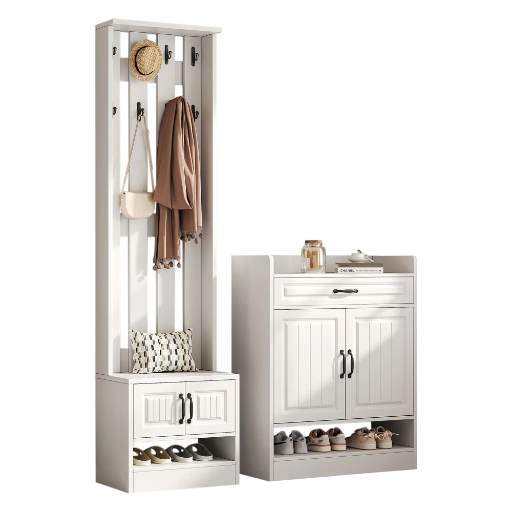 PINGGO Garderobenset, Wandschrank mit Schuhregal, 8 Haken, 4 Türen, 1 Schublade, weiße Flurmöbel, 125 x 36 x 190 cm – Detail 16