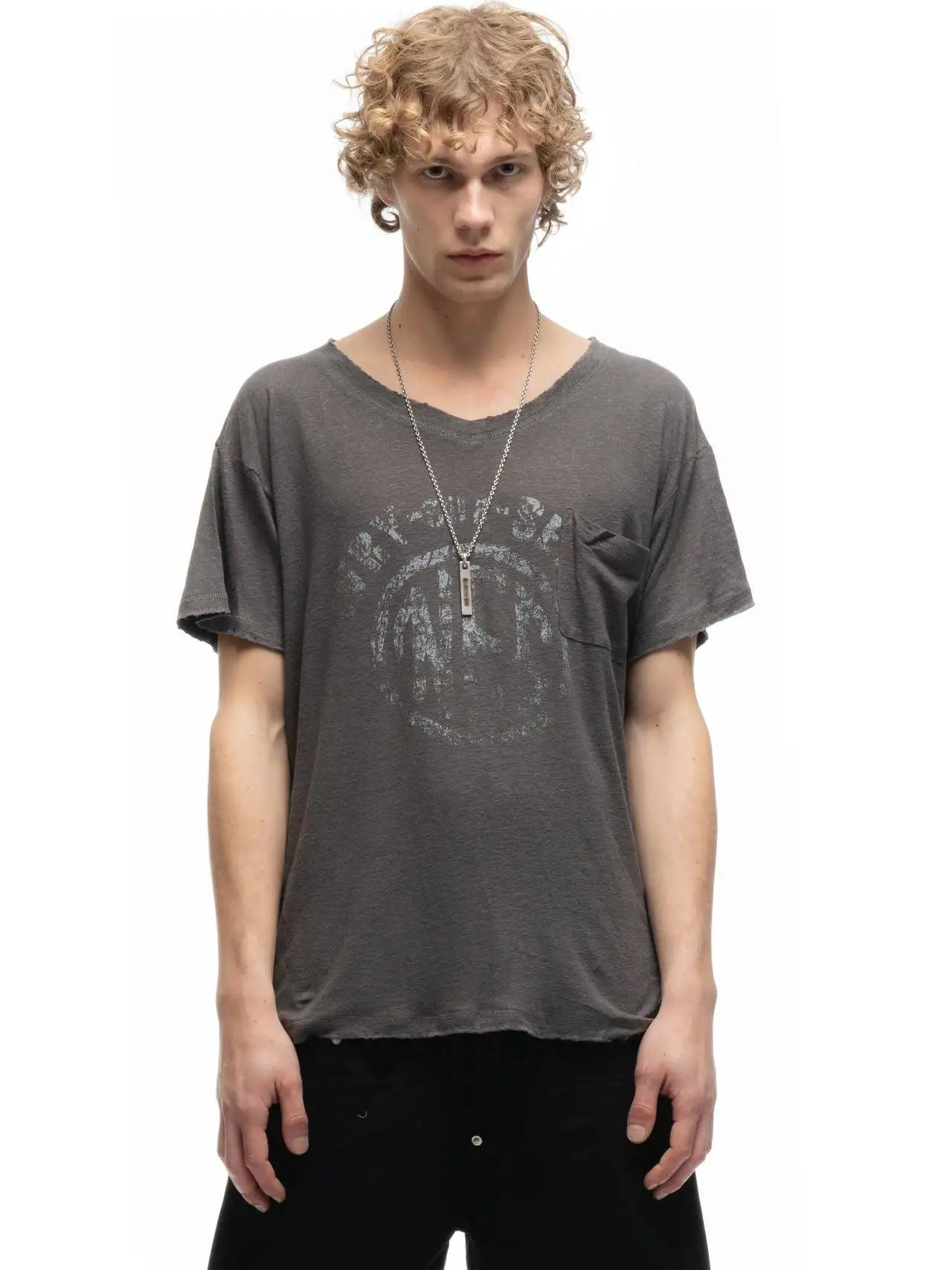 No Faith Pendant Linen Cotton Vintage Brown Grey V-Neck Pocket Damage Printed Short Sleeve tee