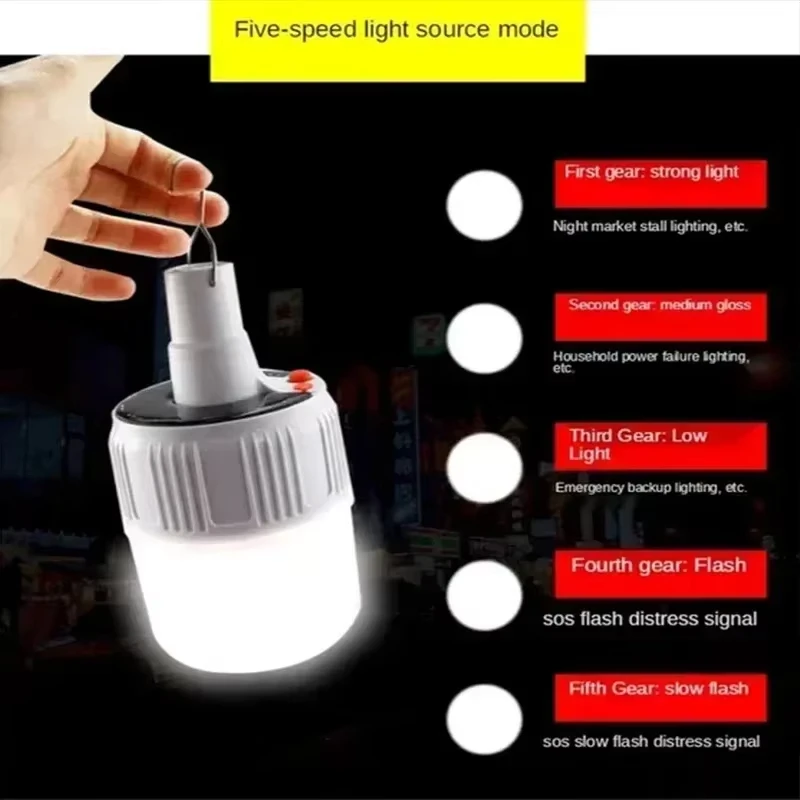 Solar Charging Portable Outdoor LED Camping Light Bulb Remote Control with 5-speed Adjustable Light Waterproof Hook Tent Light