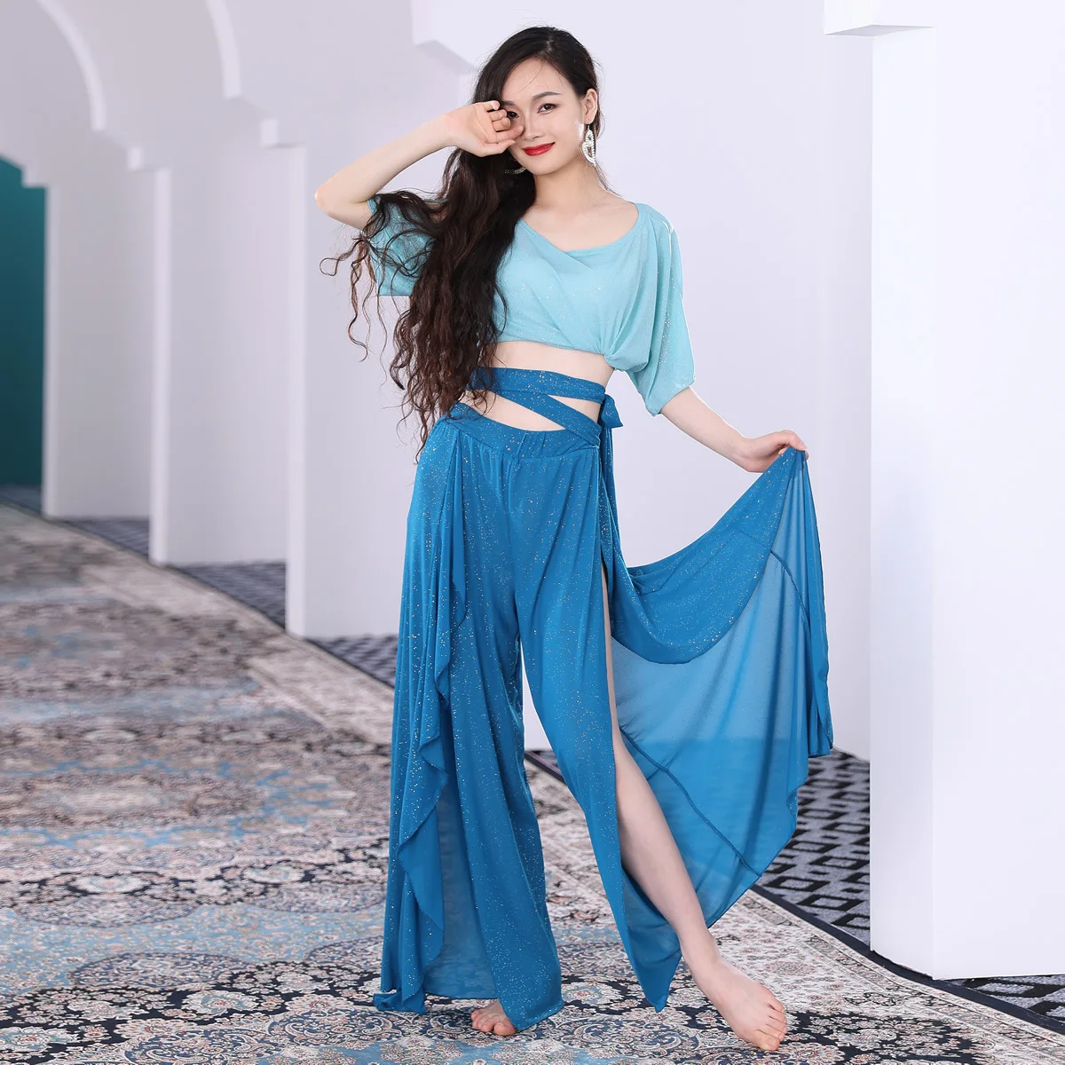 

New Sexy Women Belly Dance Pants Suit Bellydance Costume Dancing Belly Dance Top Solid Color Long Slits Pants Suit For Dancer