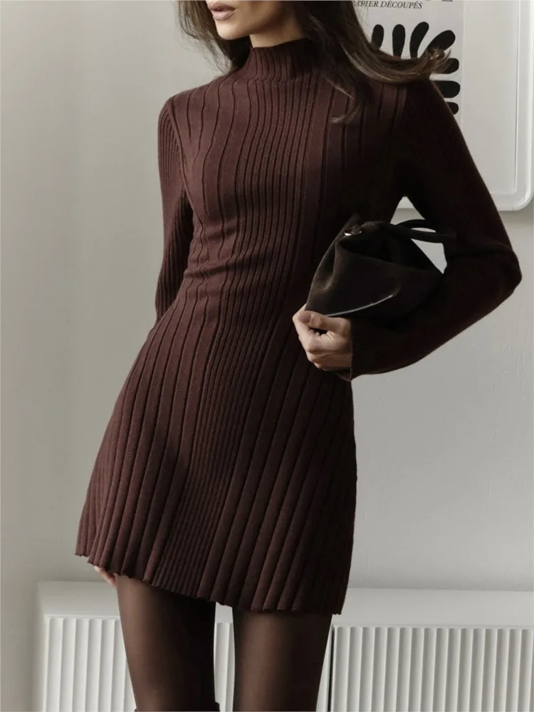 

2025 New Women's Slim Fit Half High Collar Waist Cinched A-line Skirt Long Sleeved Pit Stripe DressFashionable And Casual Dress
