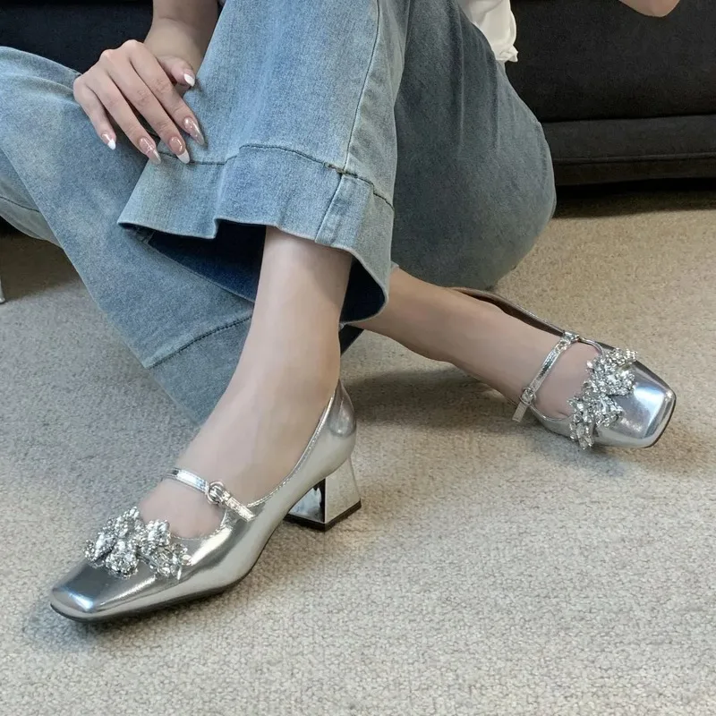 French Rhinestone Premium Sense One Word with Mary Jane Shoes Women's Square Head Thick Heel Medium Heel Light Mouth SingleShoes