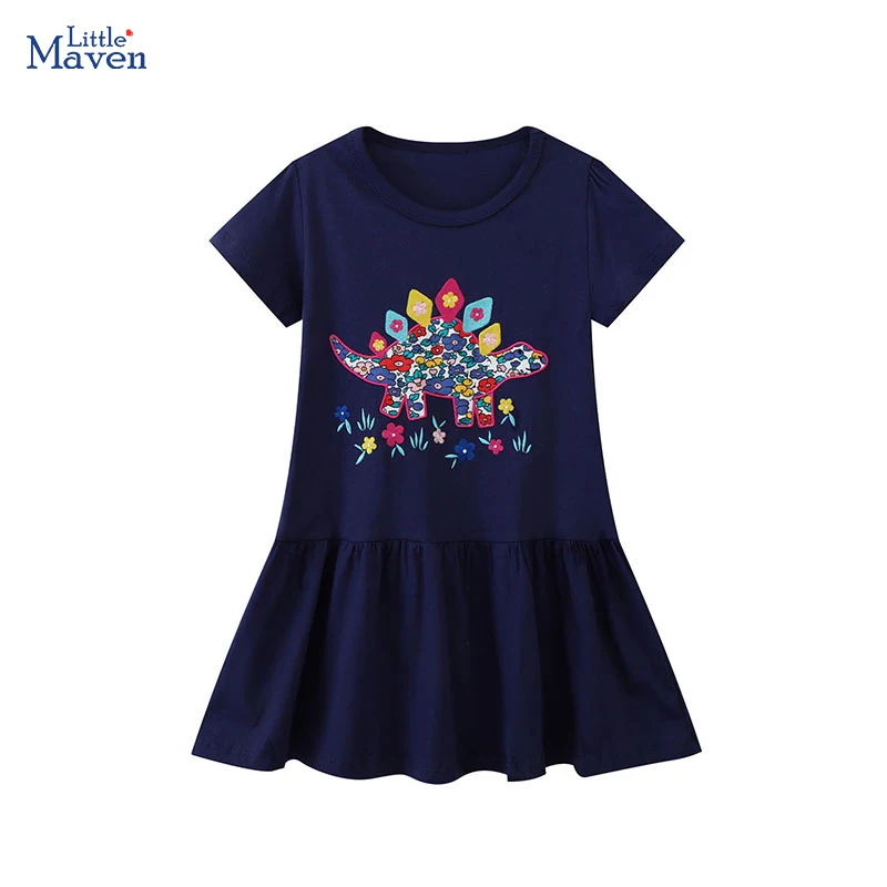 Little maven 2024 Girls Clothes Summer Cartoon Embroidered Dinosaur Princess Birthday Girls Dresses  Party Dress for Kids