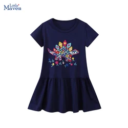 Little maven 2024 Girls Clothes Summer Cartoon Embroidered Dinosaur Princess Birthday Girls Dresses  Party Dress for Kids