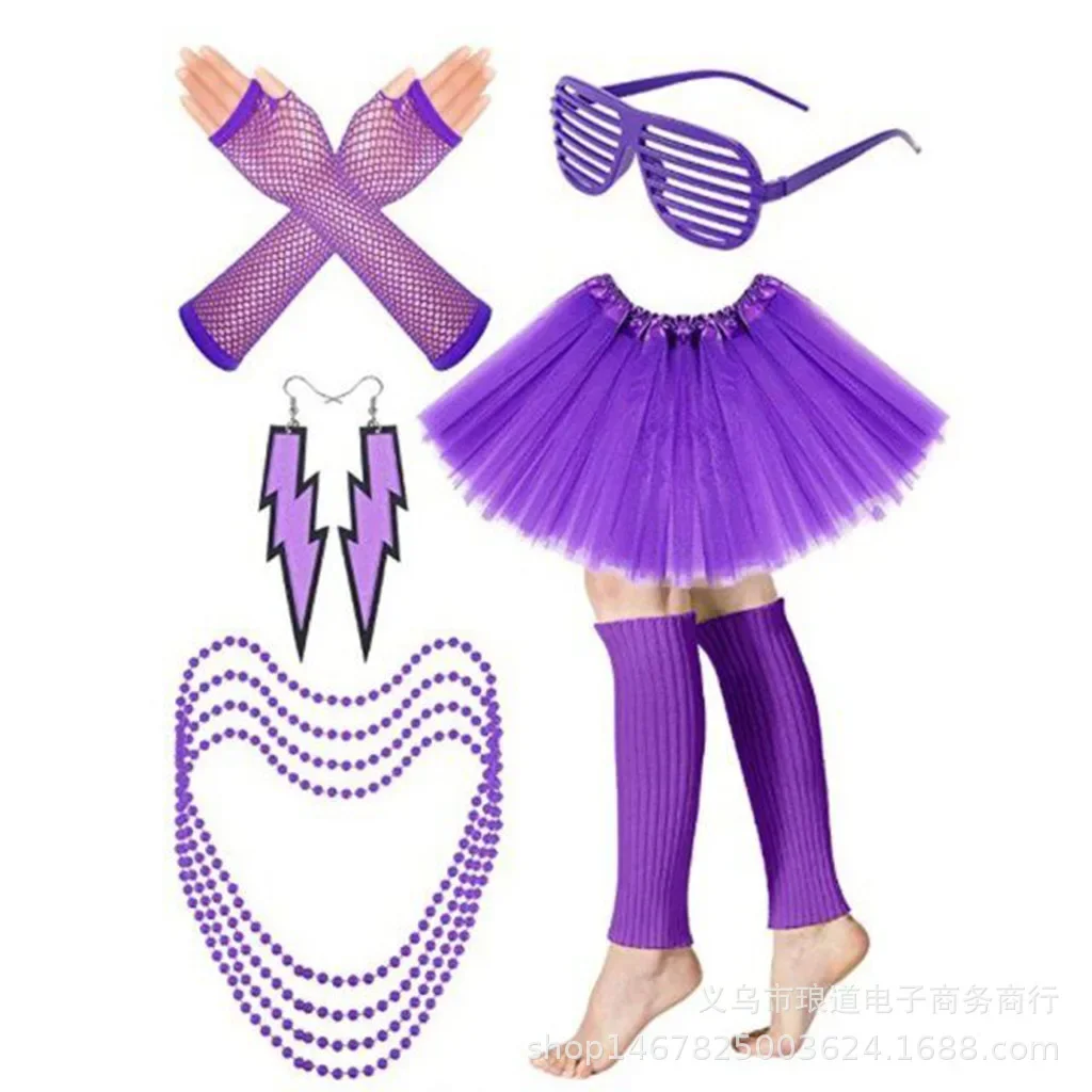 Déguisement Années 80 Pour Fille – Colliers, Bracelets, Gants Résille, Bandeau Dentelle Et Boucles Fluo (rose)
