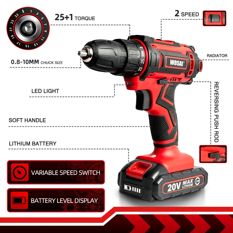 WOSAI 12V 16V 20V Cordless Drill lithium-ion Battery Electric Screwdriver 25+1 Torque Mini Wireless Power Driver DIY Power Tools