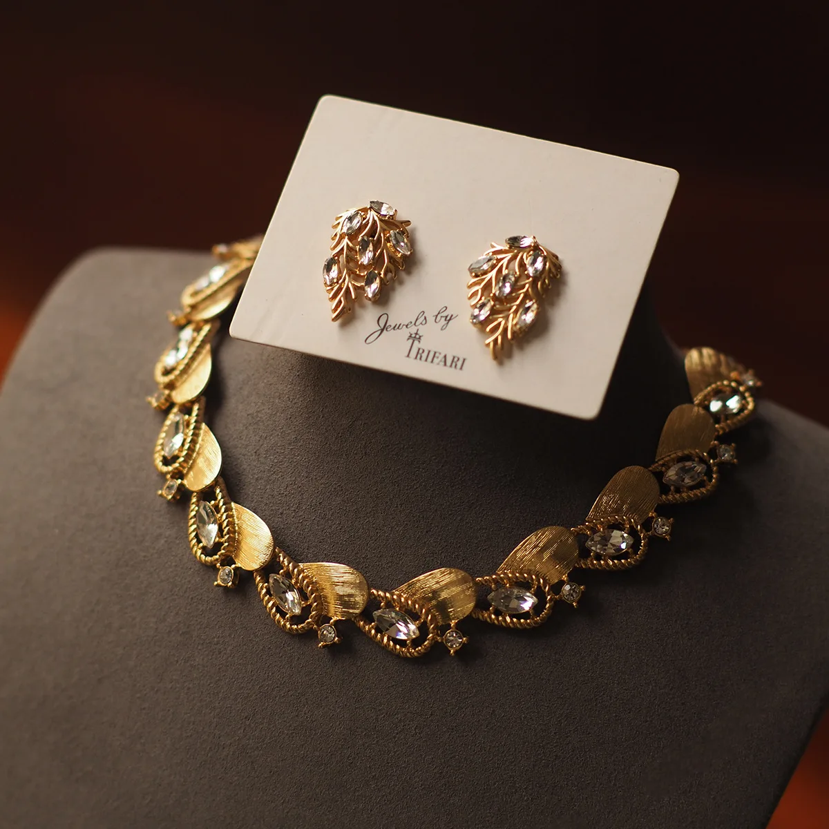 

Vintage Luxury 18K Gold Filled Irregular Shape Choker/Ear Stud 1920's Jewelry Set Geometric Brushed Gold Earring/Charm Necklace