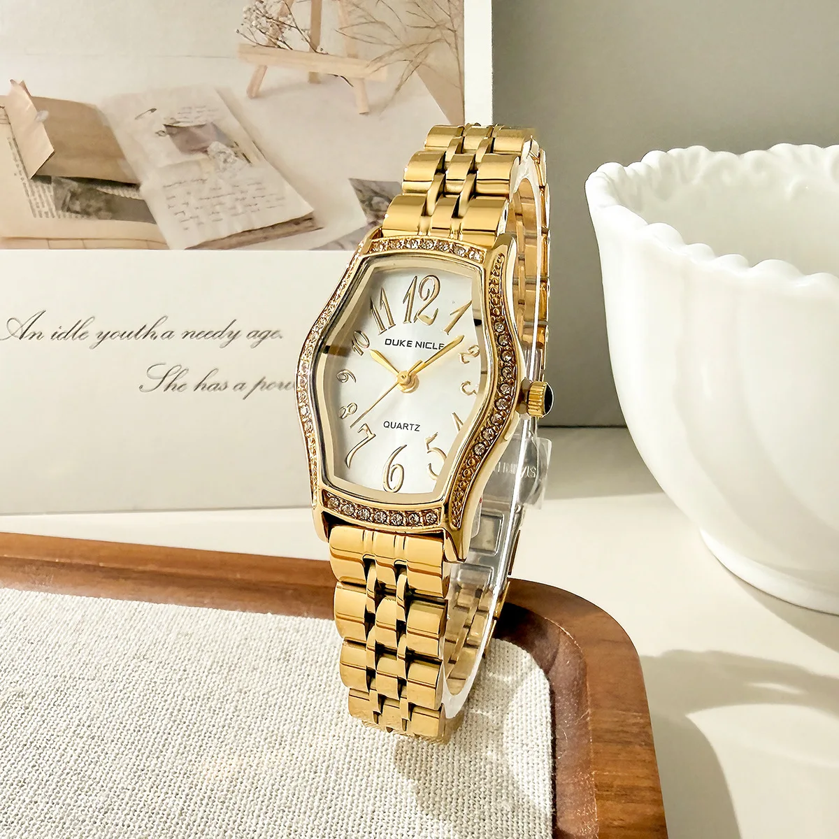 KAIRIS Women's Gold Tonneau Quartz Watch with Crystal Bezel, Elegant Stainless Steel Bracelet Wristwatch for Daily Wear