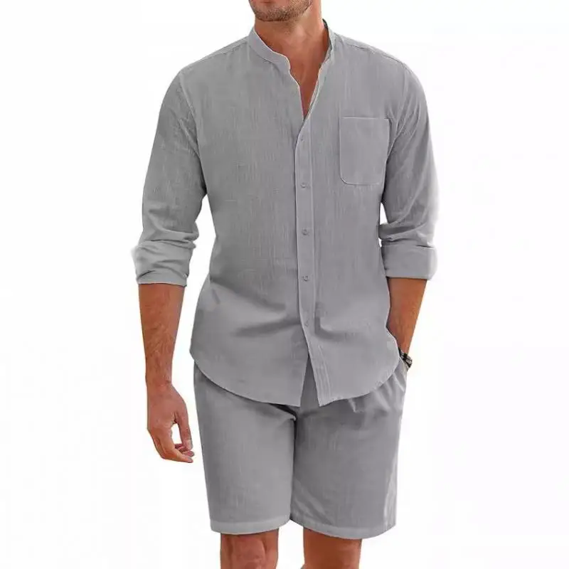 2024 Men Summer Sets Mens Cotton Linen Shirt + Shorts Cardigan Male Simple Casual Beach Shirts Comfortable Hawaii Wear