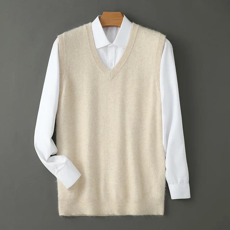 Men V-neck Sweater Vest Pullover Autumn Winter Basic Casual 100% Mink Cashmere Knitted Soft Sleeveless Waistcoat Top