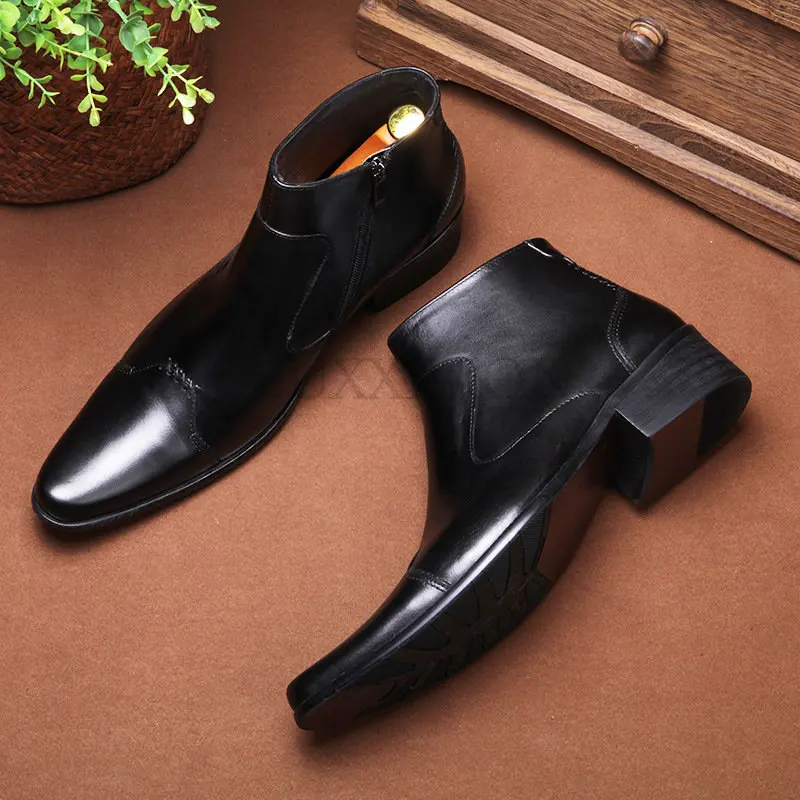 Luxury Men\'s Autumn Genuine Leather Ankle Boots Size Chelsea Boots Men Zipper Pointed Toe Black Brown Formal Dress Shoes Boot