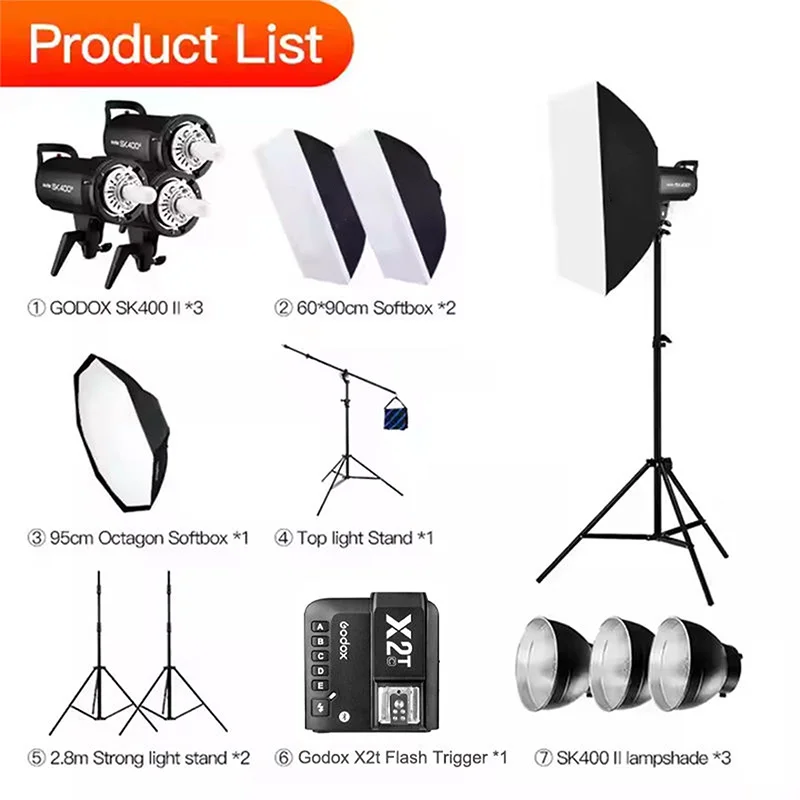 Godox SK400II 400W*3 Professional Studio Flash Lighting Kit Plastic Softbox Stand Remote Control Portable for Portrait Video