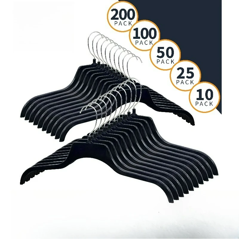 

10 Pack Recycled Black Heavy Duty Plastic Shirt Blouse Garment Hangers with Polished Metal Swivel Hooks, 17 inch