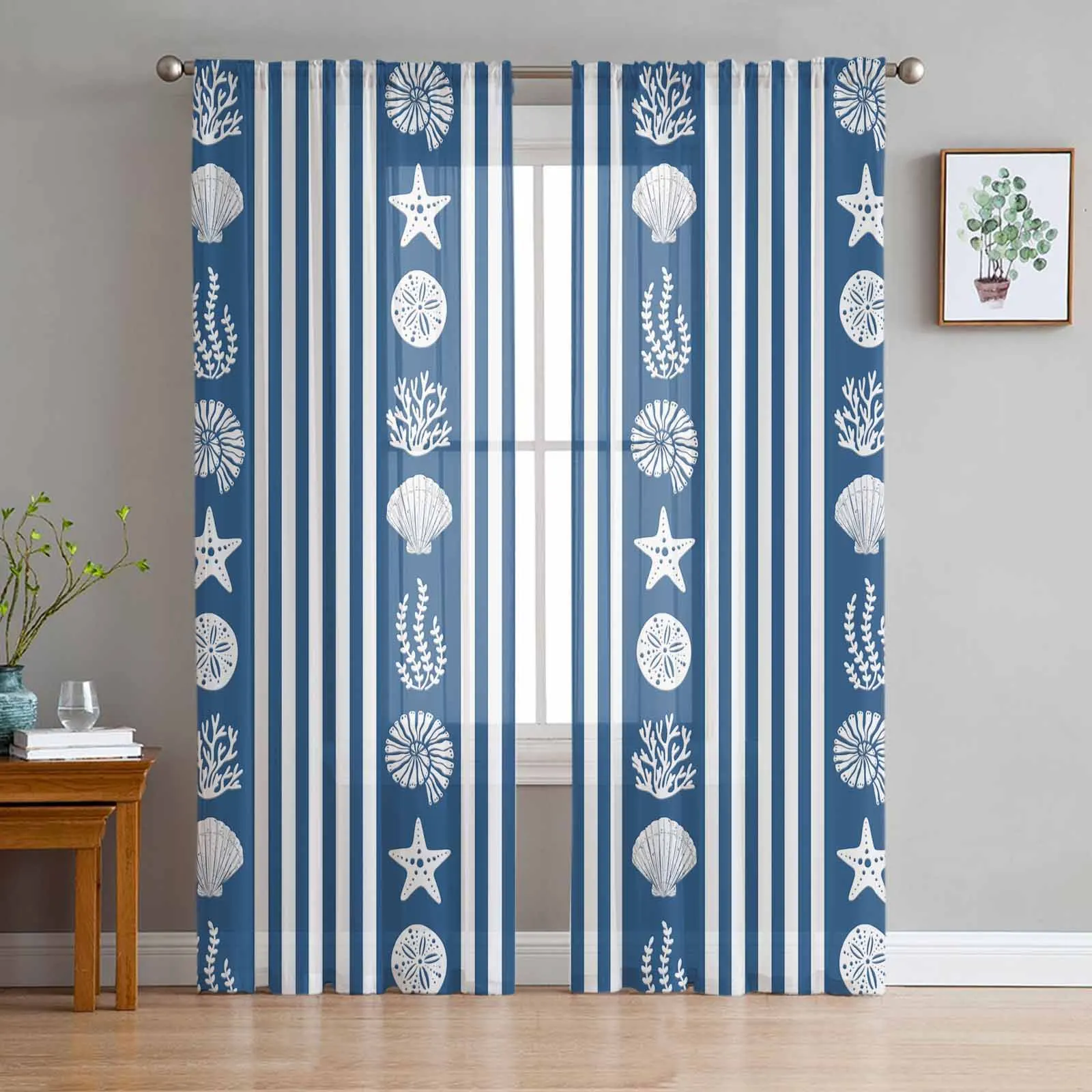 

Ocean Striped Starfish Jellyfish Corals Deep Blue Sheer Curtains for Kids Bedroom Living Room Voile Window Curtains Tulle Drapes