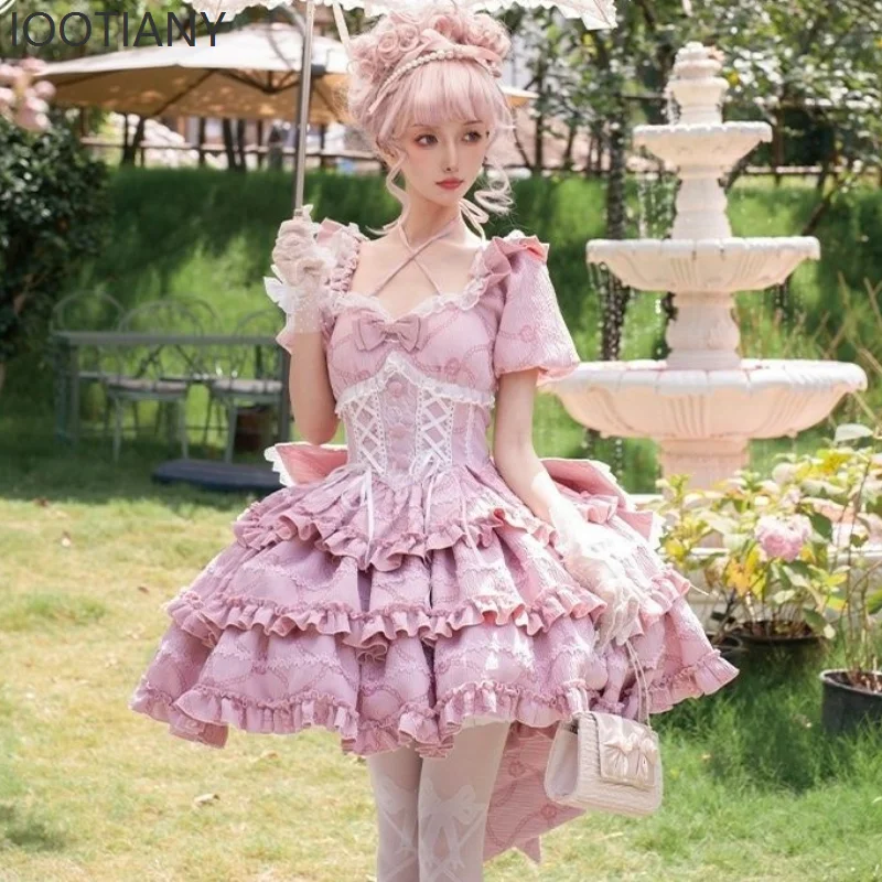 

IOOTIANY Victorian Retro Sweet Lolita Dress Kawaii Bow No-Frill Short Sleeves Trailing Princess Dress Gothic Y2k Mini Dress