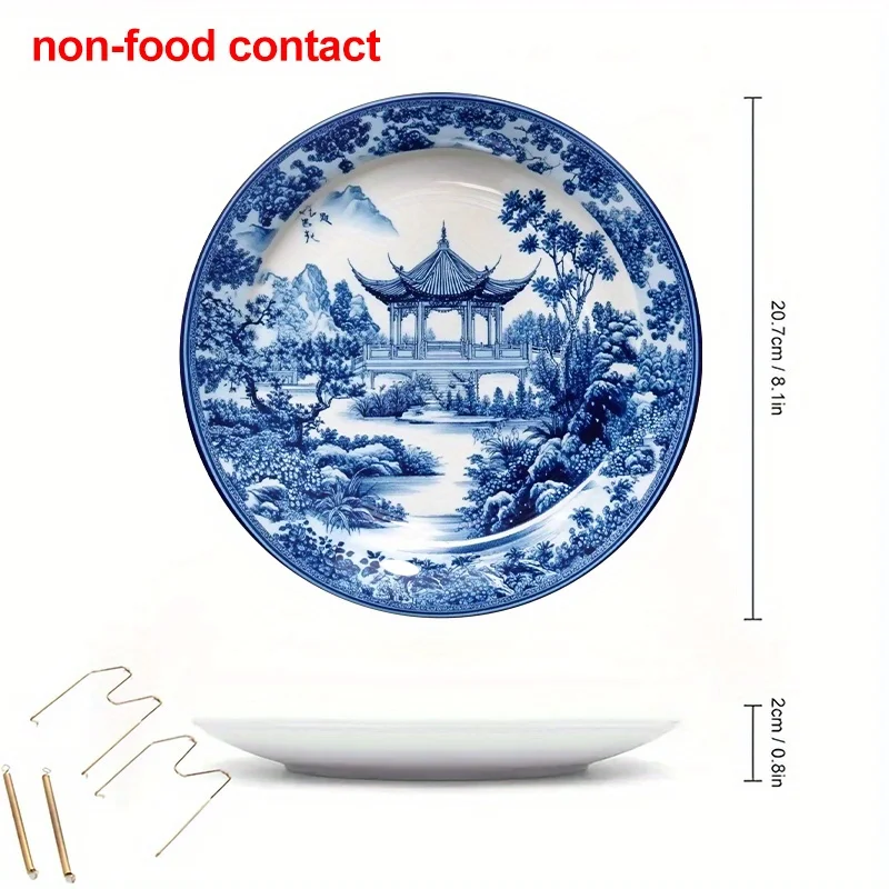 1pc Blue and White Porcelain Pavilion Ceramic Wall Hanging Plate - 8 Inch Round Vintage Asian Garden Design Decorative Plate