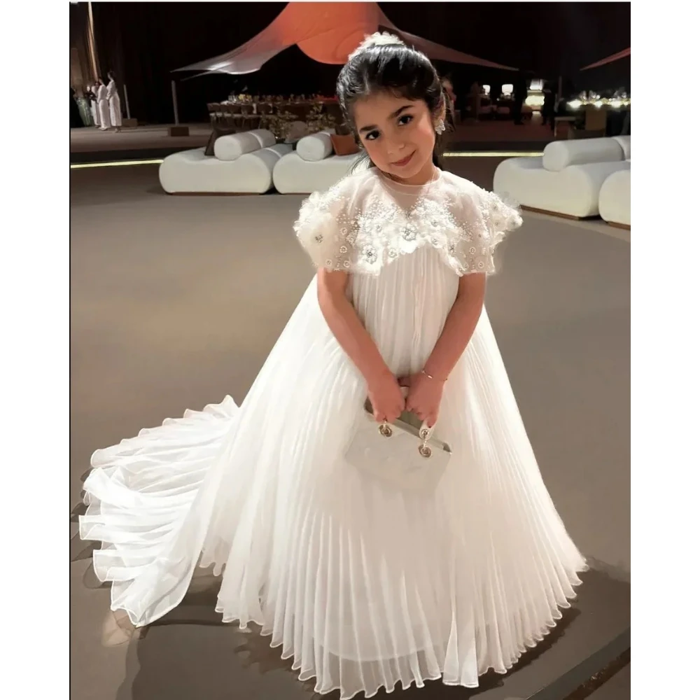 

Элегантные платья с цветочным узором для девочек на свадьбу, длинное платье принцессы цвета слоновой кости, шифон с круглым вырезом и аппликацией, платья для дня рождения по индивидуальному заказу