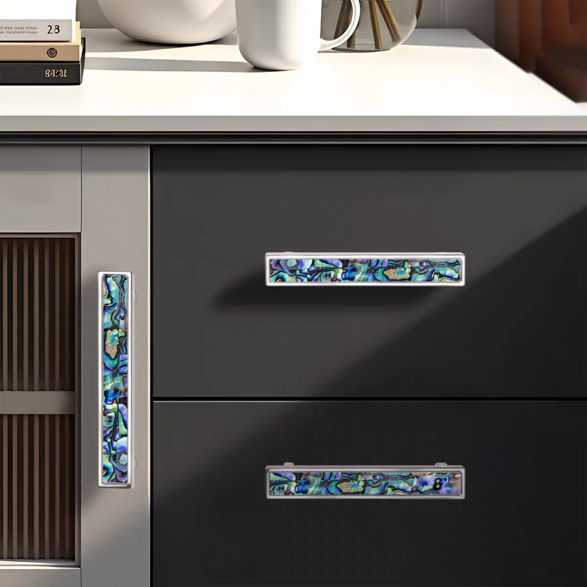 Luxury Abalone Shell Drawer Pull Natural Mother of Pearl Shell Dresser Handle Solid Brass Chrome White Green Square Knobs LBFEEL