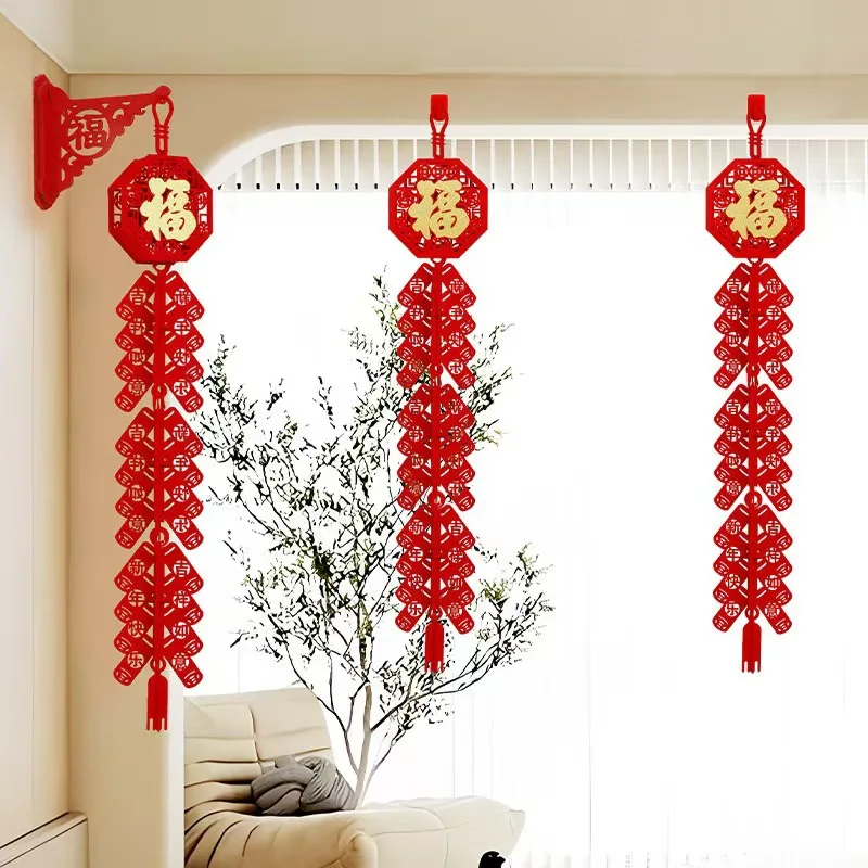 4pcs Spring Festival New Year Home Decoration Joyful Pendant Red Large Three Festival Firecracker Pendant with Festival Ribbon,