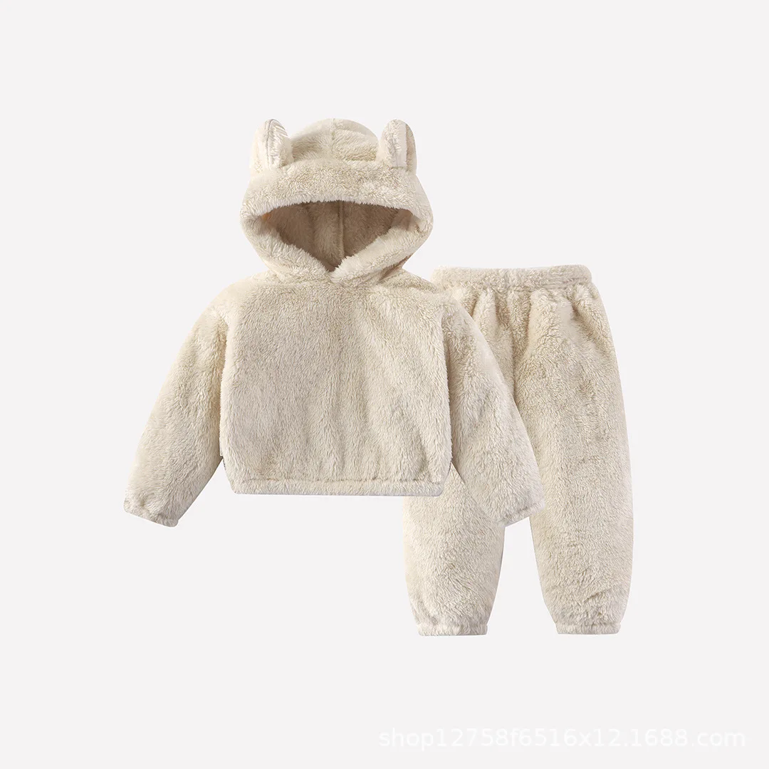 

Winter Kids Plush Loungewear Set Girls Animal Ear Hooded Outfit Leopard Print Childrens Cozy Homewear