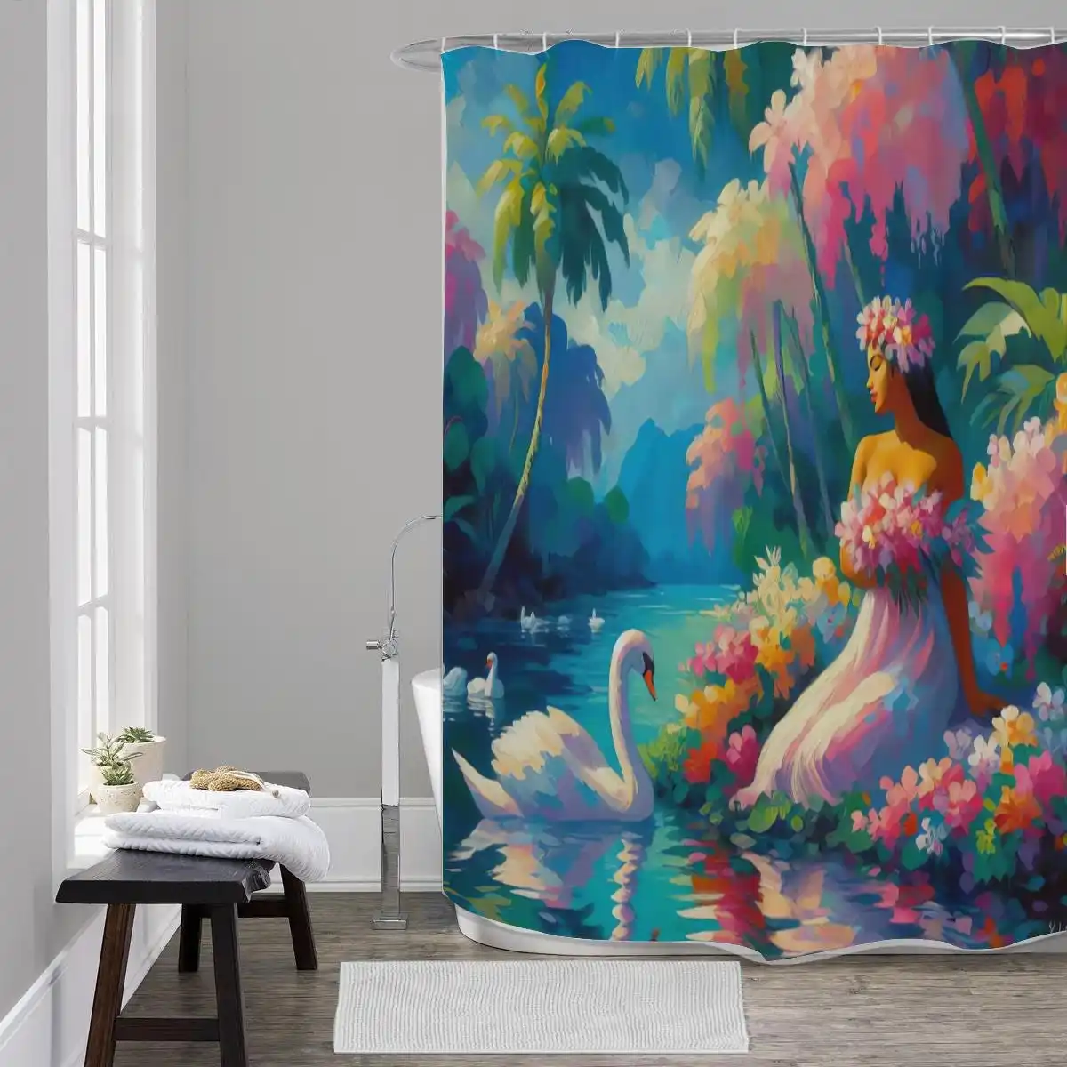 Vibrant Tropical Goddess Shower Curtain Bohemian Floral Jungle Paradise Bathroom Decor Waterproof Curtain