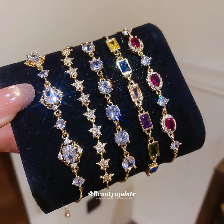 Luxury Geometric Tennis Bracelet Brilliant Colored Cubic Zirconia Star Sparkle Charm Wristband Party Evening Wear Jewelry