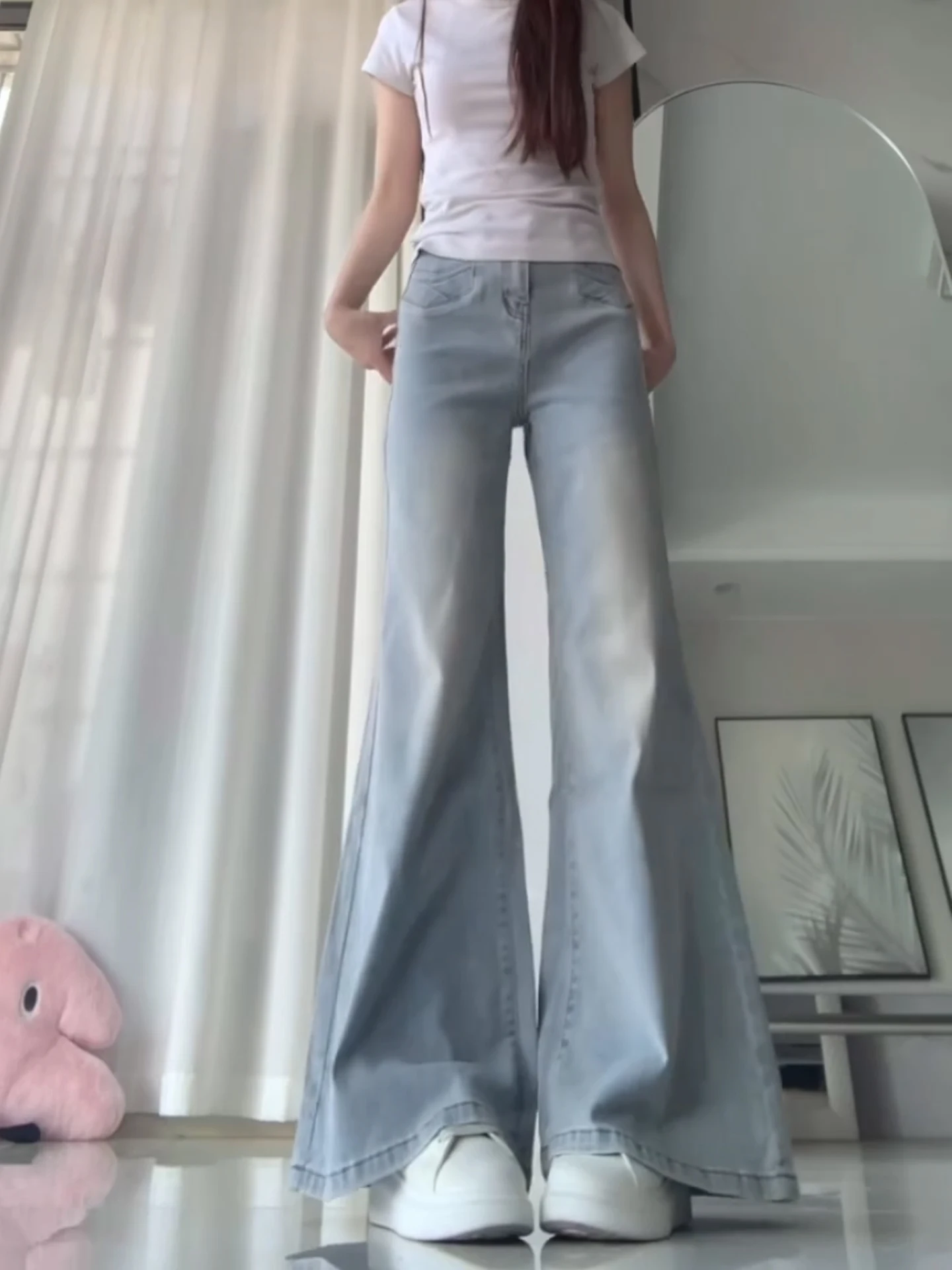 American Light Blue Non-Matching Micro-flared Jeans Women's Summer Thin High-waist Hip Concealing Slim Loose Wide-leg Pants