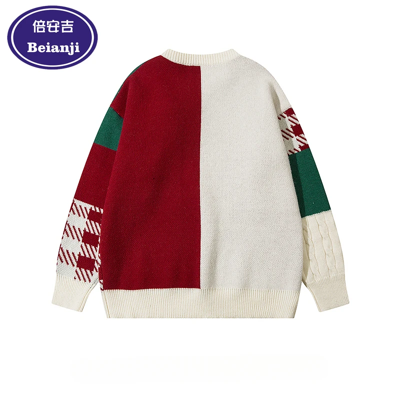 Beianji men's sweater retro color contrast design loose couple winter Christmas atmosphere casual crewneck sweater