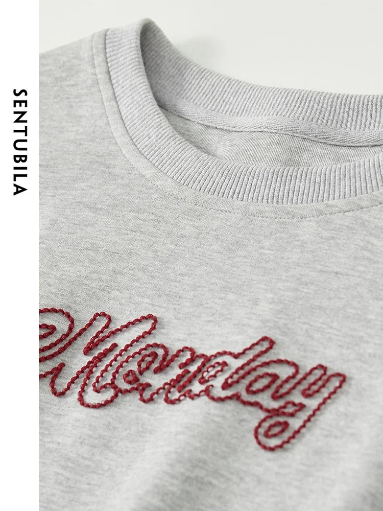 SENTUBILA Embroidery Cotton Blend Sweatshirts Women 2025 Spring Autumn Loose Drop Sleeve Pullover Womens Tops Clothing 141A53460