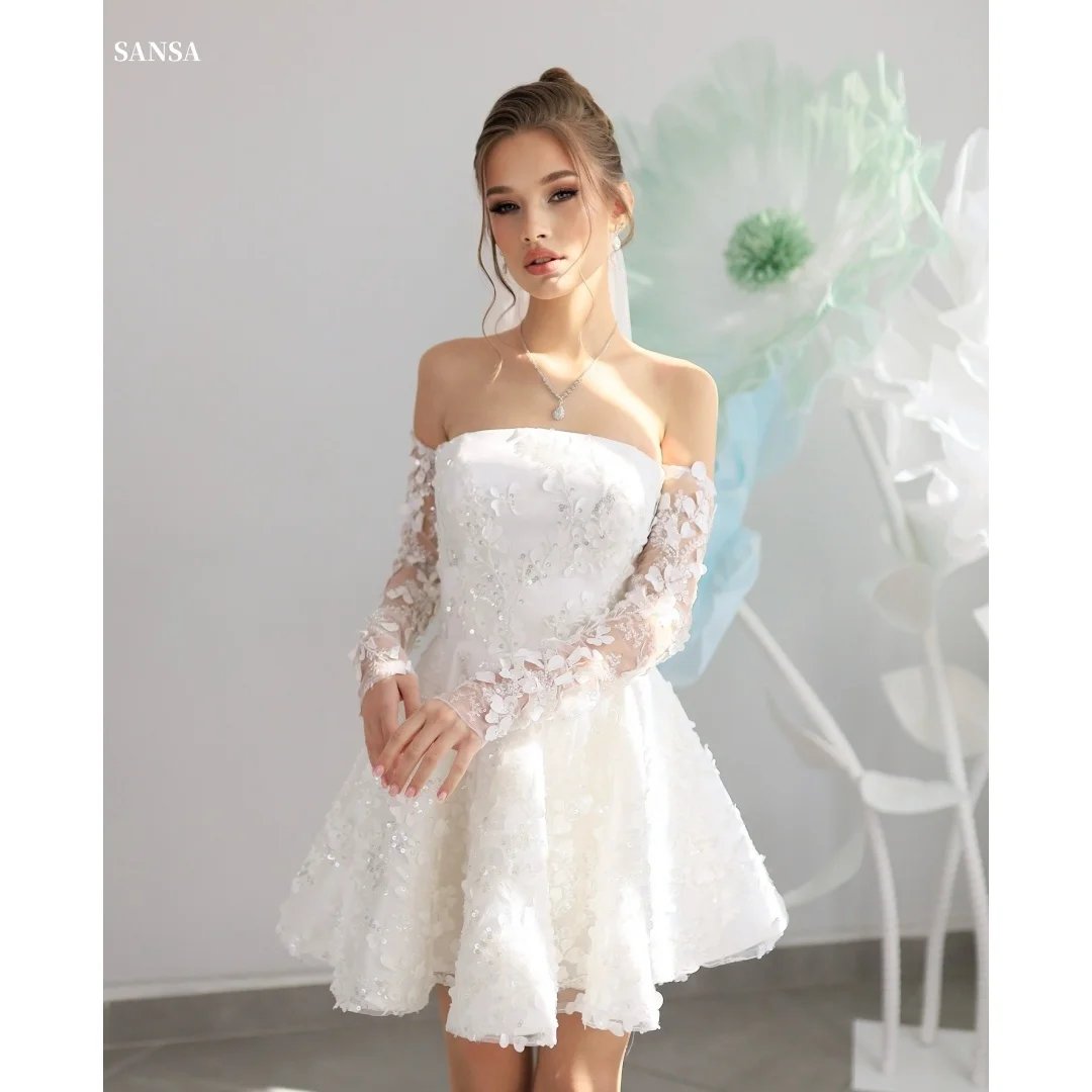 

Sansa Customization White Flowers Glitter Sleeves Prom Dresses Strapless فساتين للمناسبات الخاصة Short Skirt vestidos de festa