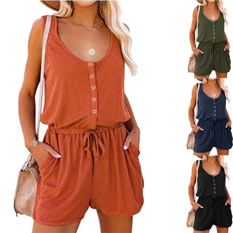 

2025 Women's Summer New Solid Color V-neck Sleeveless Round-in Shorts Waist Lace Buttons Casual Loose Women Pocket Ronnie