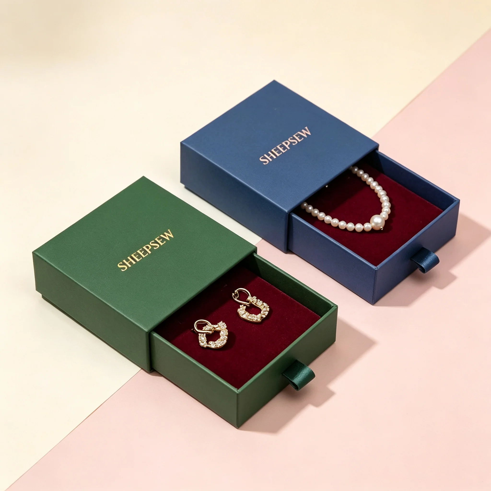 50pcs Sheepsew Jewelry Recyclable Rigid Paper Drawer Box Luxury Gift Pearl Necklace Packaging Boxes With Custom Logo