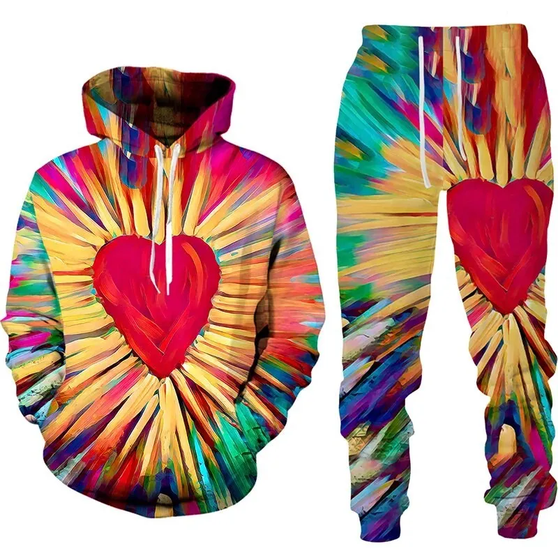

New sweet Love Heart Hoodies 3D Print Tracksuit Sets Casual Hoodie Pants Two piece set fashion Men Sweatshirt 2pc Set sweat Suit