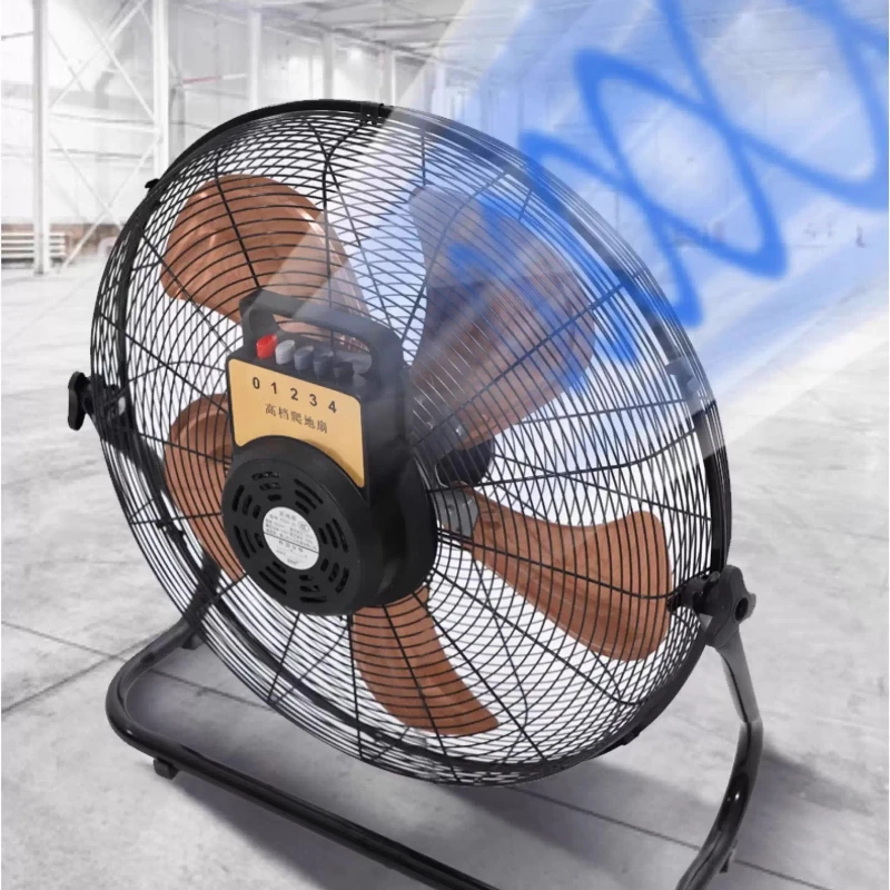 Przemysłowy, wytrzymały wentylator podłogowy z silnikiem z czystej miedzi, 5-łopatkowy, do chłodzenia na duże odległości (10m), 4 prędkości, 150. ° Energooszczędność Tilt