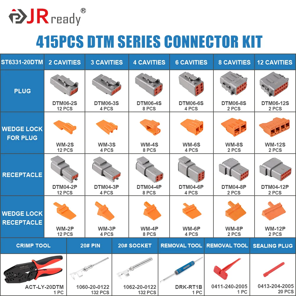 JRready ST6331-20DTM 415 PCS Deutsch DTM Connector Kit 2 3 4 6 8 12 Pin Waterproof Connectors, Deutsch Crimp Tool ACT-LY-20DTM