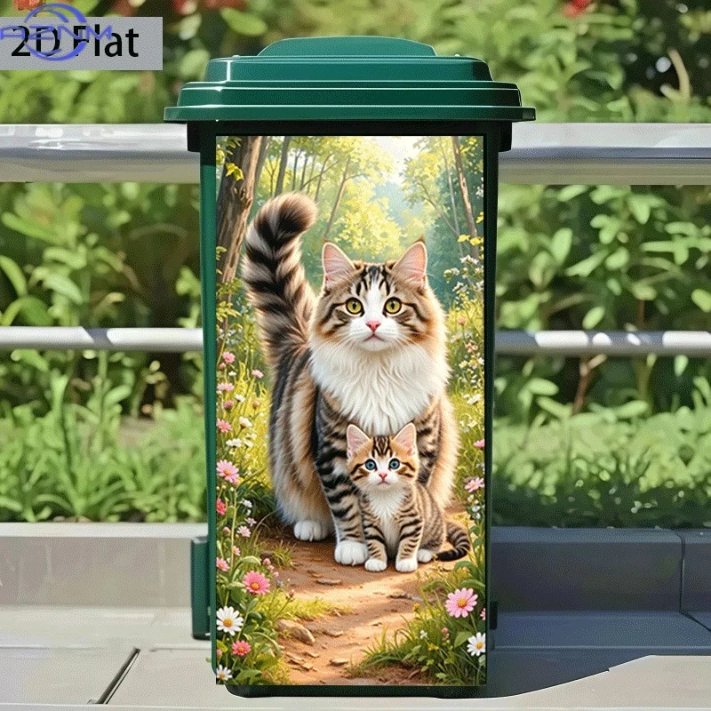 2D Flat Printing 1pc Trash Can Sticker , Cat Shadow in the Forest Themed Design, Self-Adhesive Wall Decal Wallpaper, Kitchen T