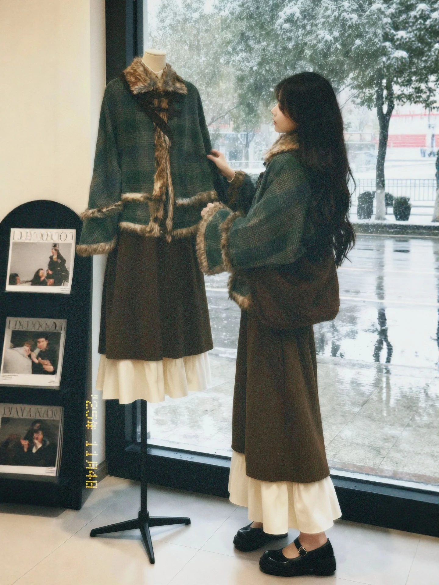 

plus Size Winter Faion Set for Women with awl Coat And Skirt Retro Sle Warm Polyester Fabric Casual Date Wear