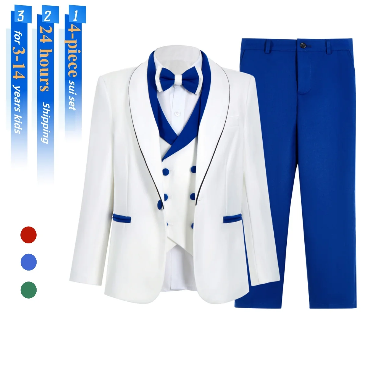 

Safe Fabric Boy's Slim Fit Suit Set with Shawl Neck One Button Jacket Vest Pants Bow-Tie Wedding Suits for Kids, Toddler Suits