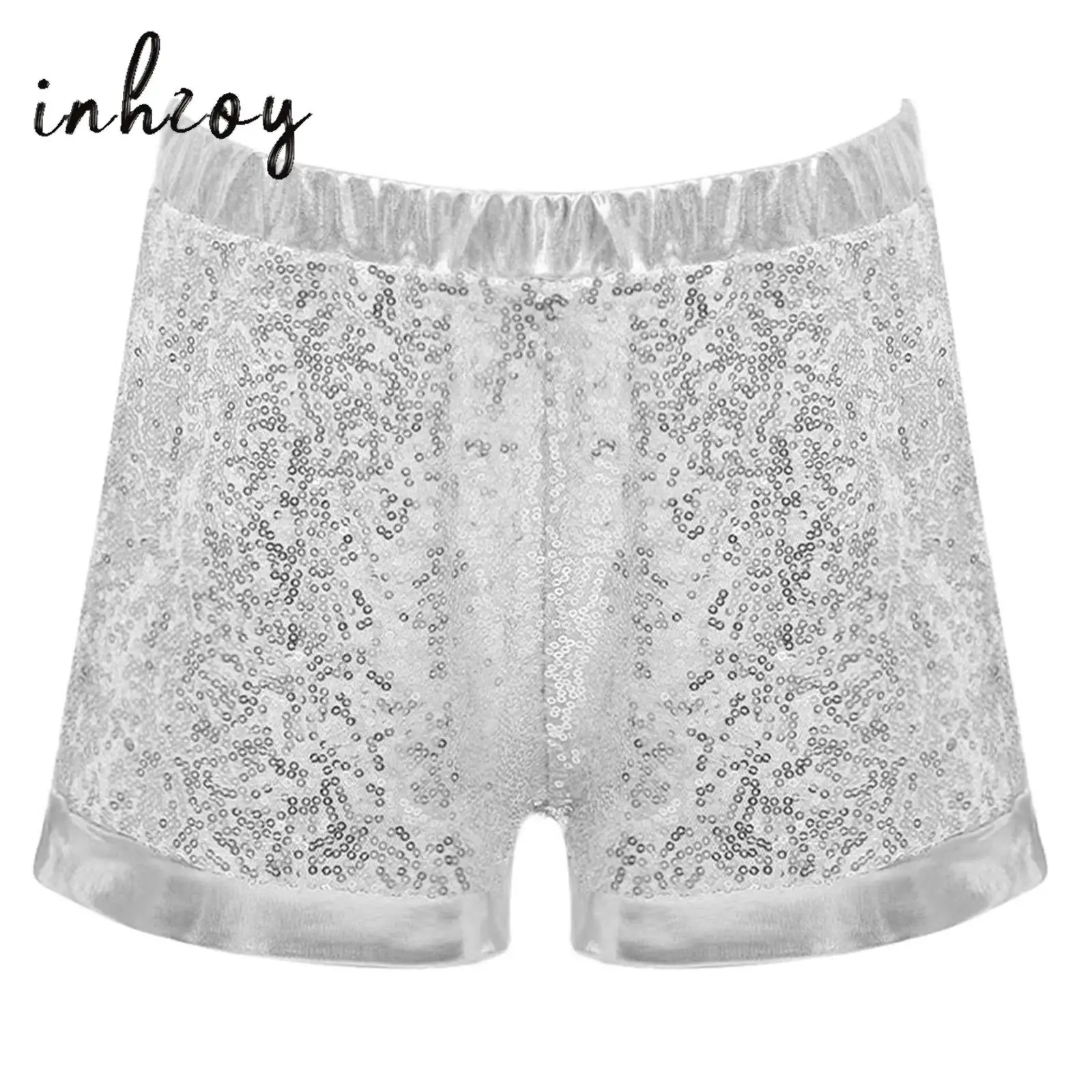 

Kids Girls Dance Shorts Hip Hop Jazz Ballet Performance Costume PU Glitter Sequins Metallic Patchwork Elastic Waist Shorts Pants