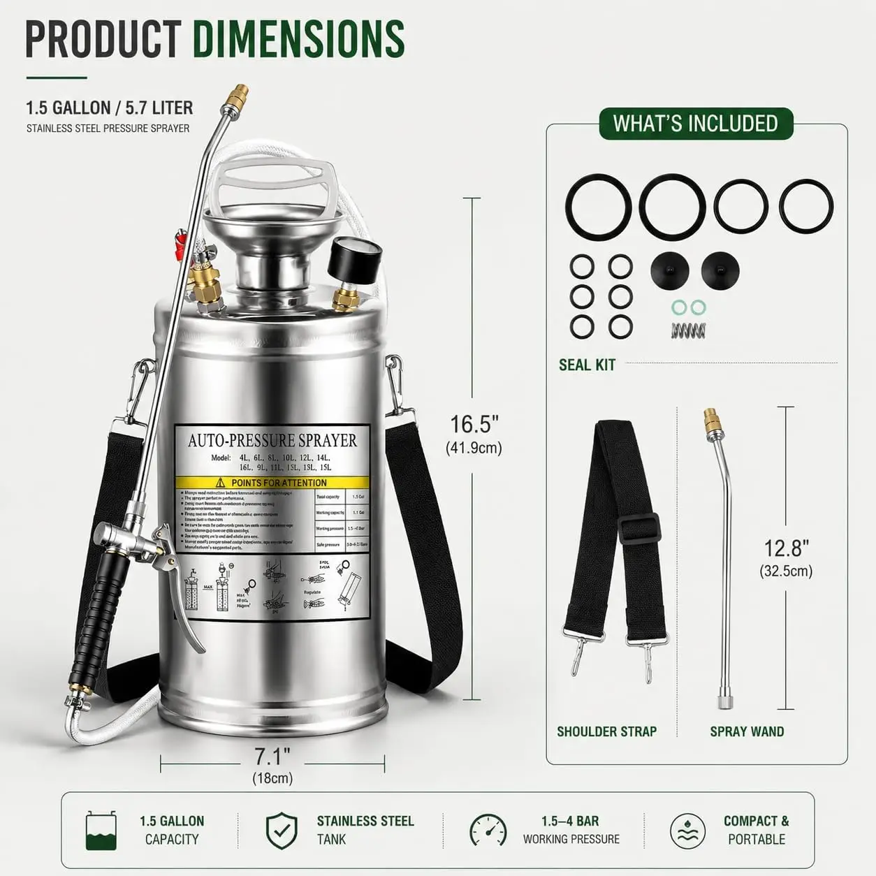 15 Gallon Stainless Steel Pump Sprayer Reinforced Hose Hand Pressure Gauge Safety Valve Adjustable Nozzle Gardening