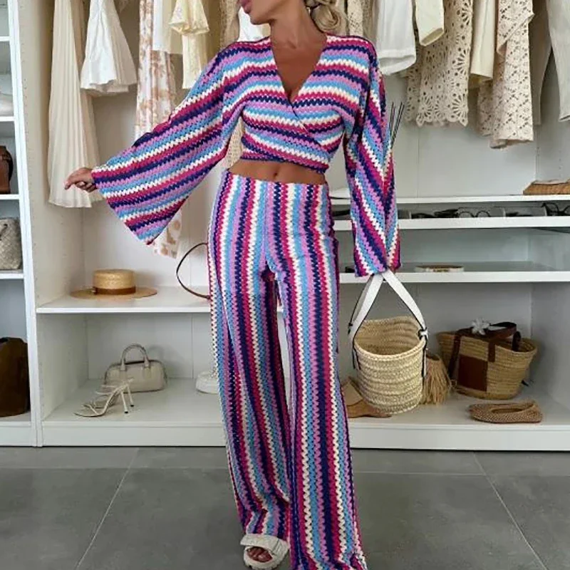 

Elegant Pattern Print Knitted Vacation Outfits Women Casual Long Sleeve Beach Suit Sexy V-neck Lace-up Top & Long Pant 2Pc Sets