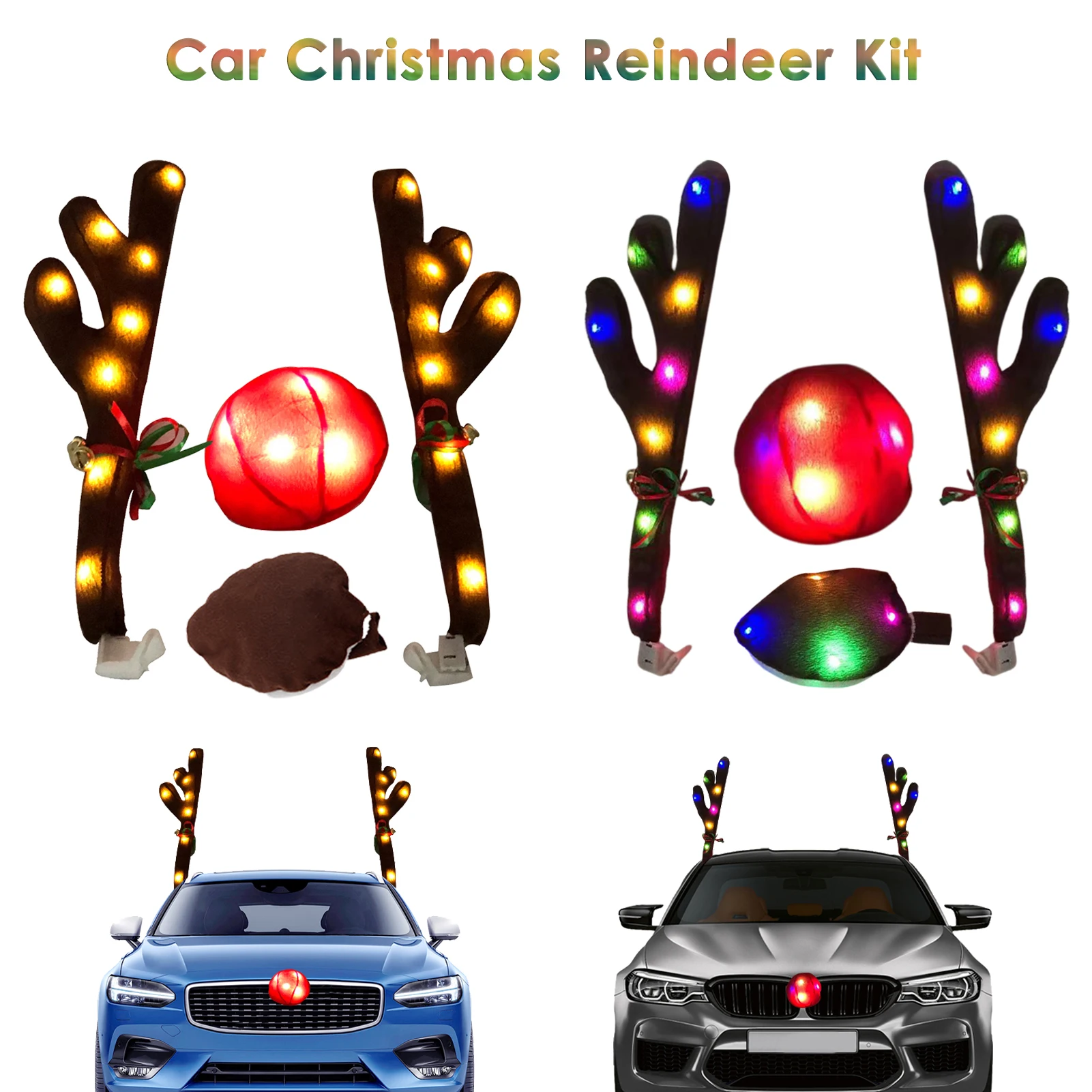 

Christmas Reindeer Car Decorations Rudolf Reindeer Antlers Red Noses Car Decorations Kit LED Christmas Auto Decorations Dropship