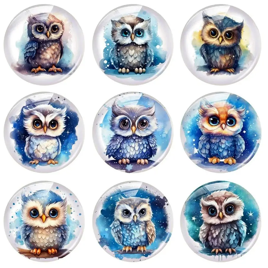 Handmade Cute Cartoon Owl Night Photo Glass Cabochon Charms Demo Flat Back Cameo For Diy Jewelry Making Finding Accessories